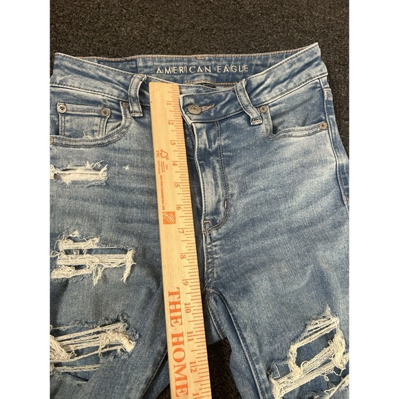 American Eagle Super Hi Rose Flare Distressed Blue Jeans Womens Size 0 Regular - Picture 4 of 9